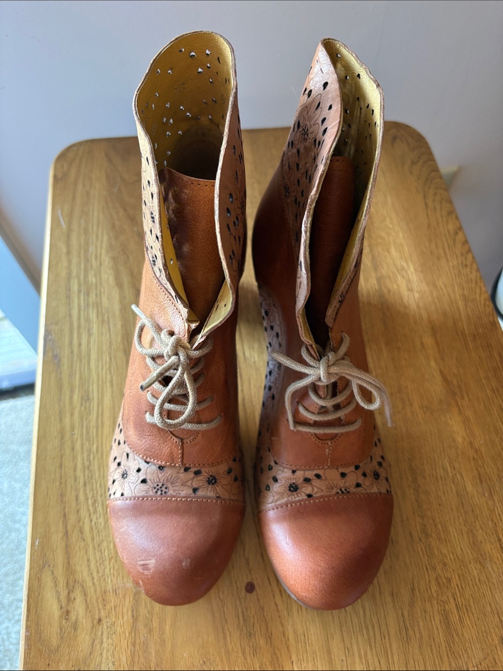 Women's Lace-Up Perforated Ankle Boots in Rust Brown